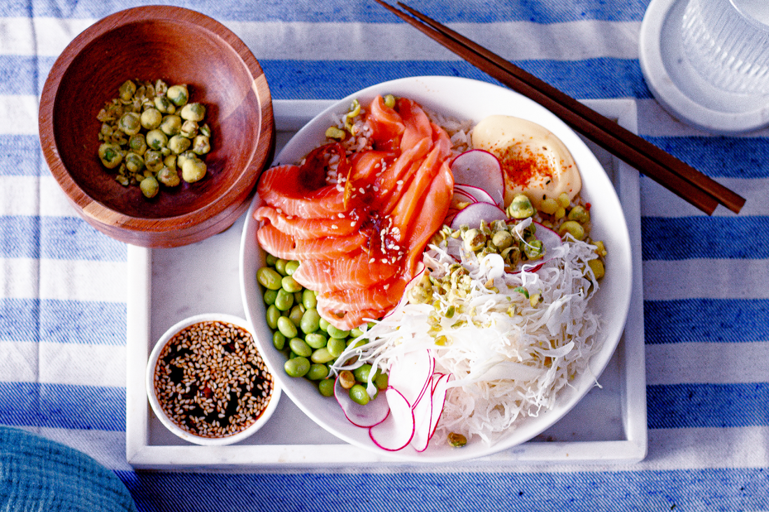 Akaroa Salmon Bowl with Togarashi Garlic Rice and Ginger Dressing