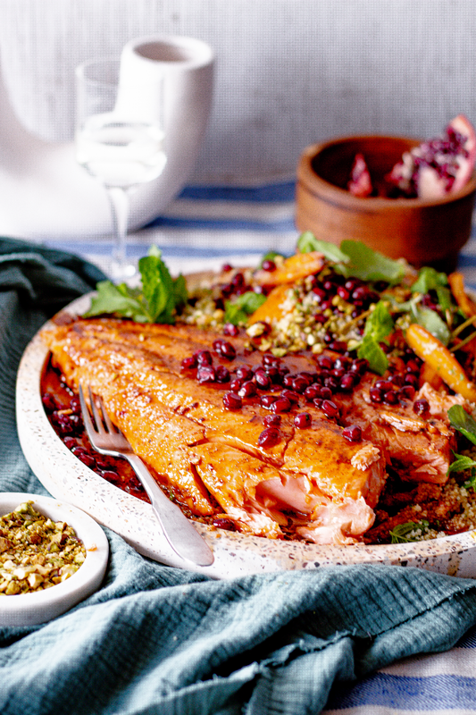 Pomegranate Glazed Salmon with Roasted Danish Carrots and Couscous