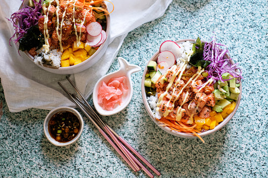 Flame-Torched Marinated Salmon Poke Bowls