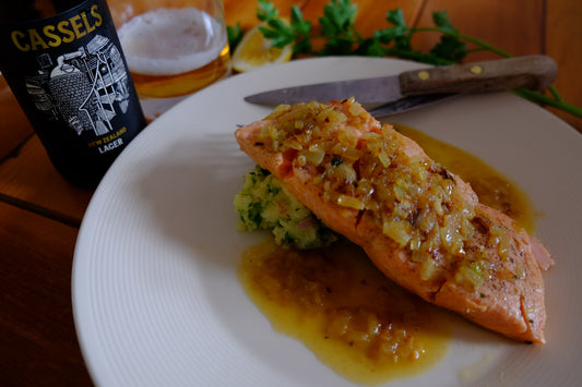 Akaroa Salmon Braised with Onions, Cassels Lager and Crushed Potatoes