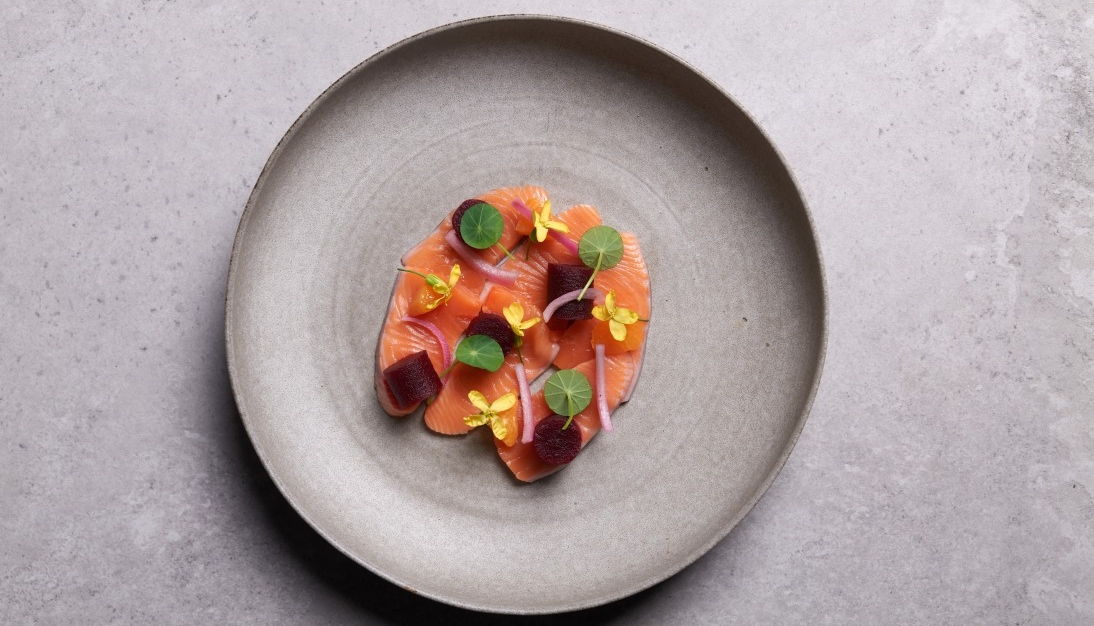 Akaroa Salmon crudo on plate by chef Craig Martin